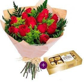 Buquê de 12 Rosas Vermelhas,  Tango e Ferrero Rocher 